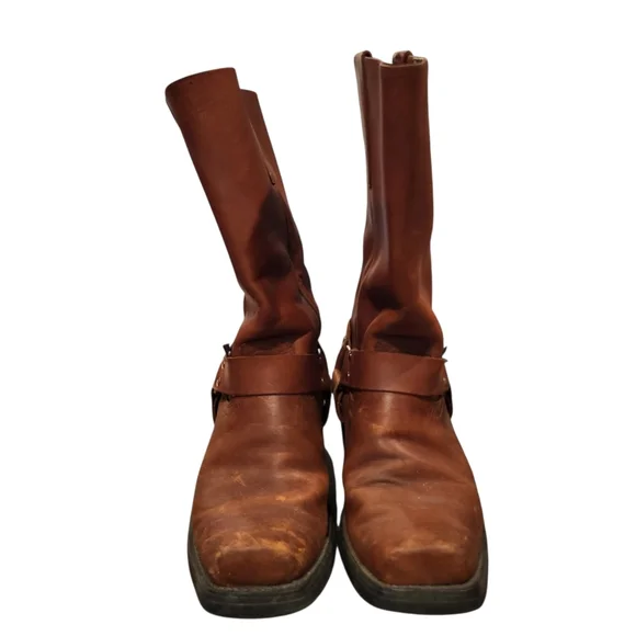 Los Altos Mens Brown Greasy Leather Motorcycle Square-Toe Cowboy Boots Size 9 - Picture 2 of 12